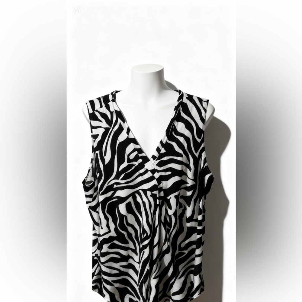 Lane Bryant Zebra Print Sleeveless Blouse-Black & White-Flowy V-Neck Top